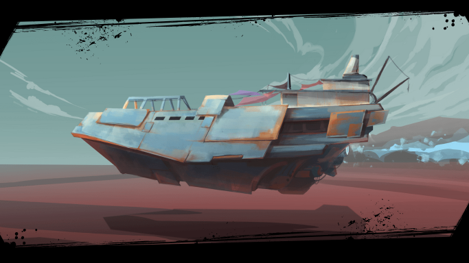 An illustration from the prototype currently in development. It shows a flying ship on a dusty planet.